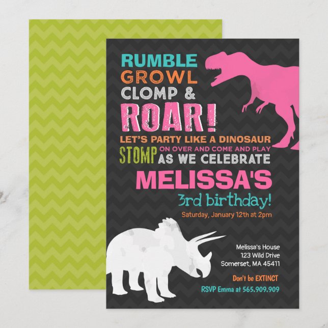 Chica de invitaciones a cumpleaños Dinosaur Fiesta (Anverso / Reverso)