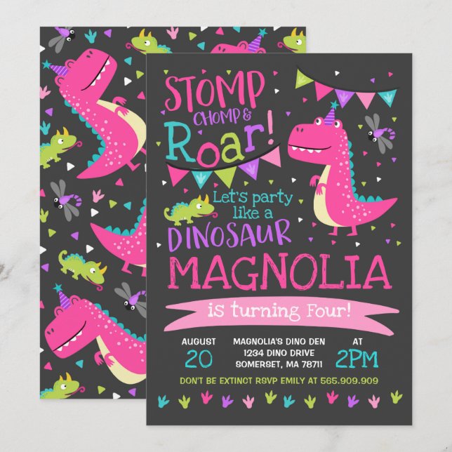 Chica de invitaciones a cumpleaños Dinosaur Fiesta (Anverso / Reverso)