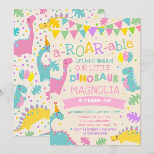 Chica de invitaciones a cumpleaños Dinosaur Fiesta (Anverso / Reverso)