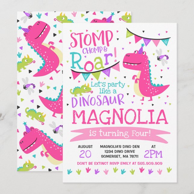 Chica de invitaciones a cumpleaños Dinosaur Fiesta (Anverso / Reverso)