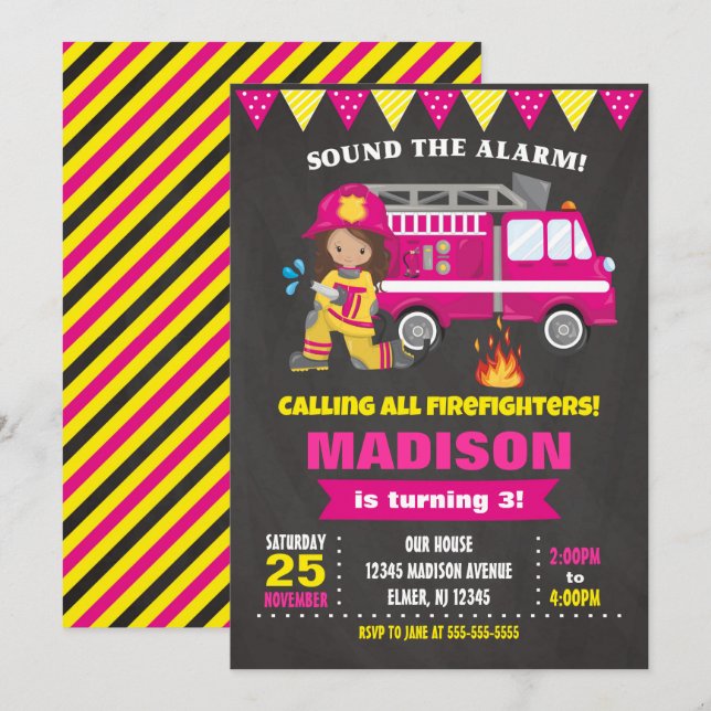 Chica de invitaciones a cumpleaños para bomberos (Anverso / Reverso)