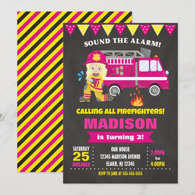 Chica de invitaciones a cumpleaños para bomberos (Anverso / Reverso)
