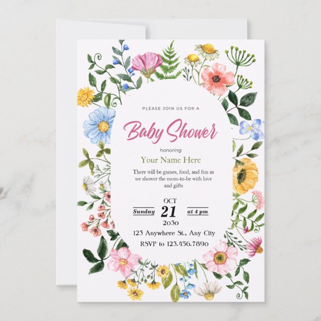 Chica de invitaciones a la ducha con flores blanca (Anverso)