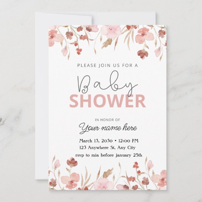 Chica de invitaciones a la ducha con flores y rosa (Anverso)