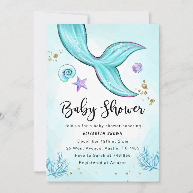 Chica de invitaciones a la sirena de Baby Shower,  (Anverso)