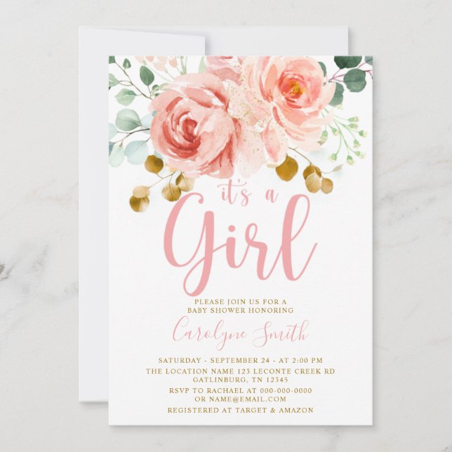 Chica de invitaciones a Rubor Pink Floral Baby Sho (Anverso)