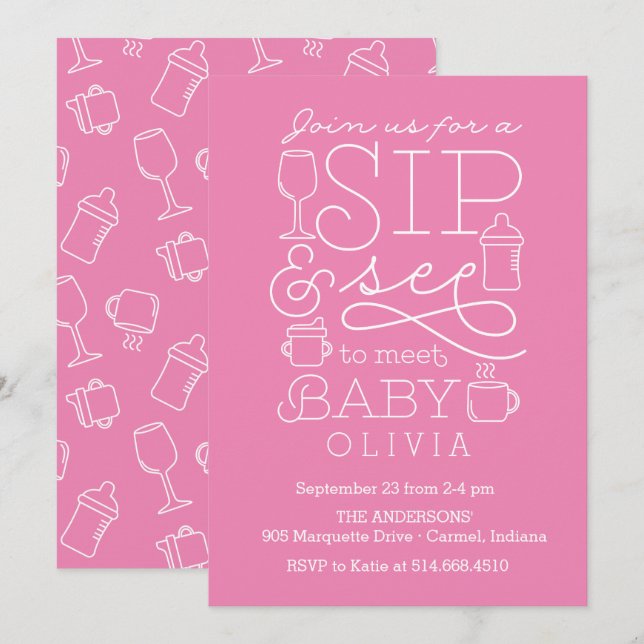 Chica de Invitaciones a Sip y See Baby Shower (Anverso / Reverso)