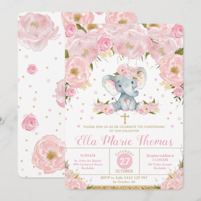 Chica de invitaciones al bautismo de elefante flor (Anverso / Reverso)