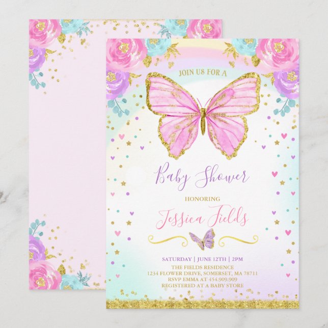 Chica de invitaciones Baby Shower a mariposa Baby  (Anverso / Reverso)
