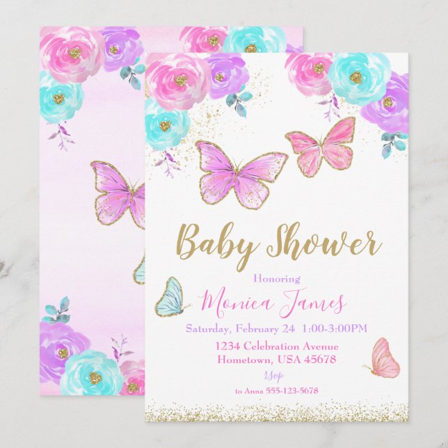 Chica de invitaciones Baby Shower a mariposa Baby  (Anverso / Reverso)
