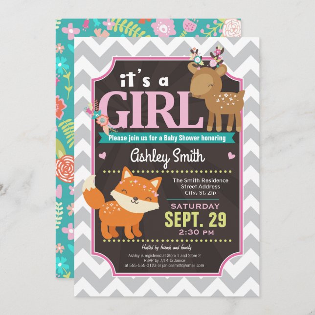 Chica de invitaciones Baby Shower de Woodland Deer (Anverso / Reverso)