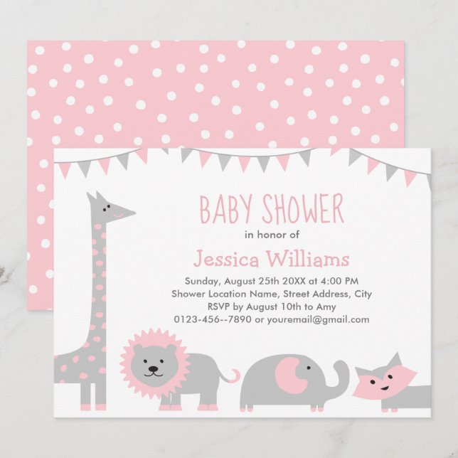 Chica de invitaciones de Baby Shower de animales d (Anverso / Reverso)