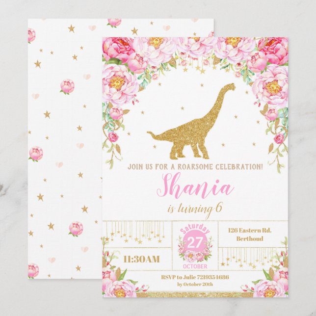 Chica de invitaciones de cumpleaños a dinosaurios  (Anverso / Reverso)