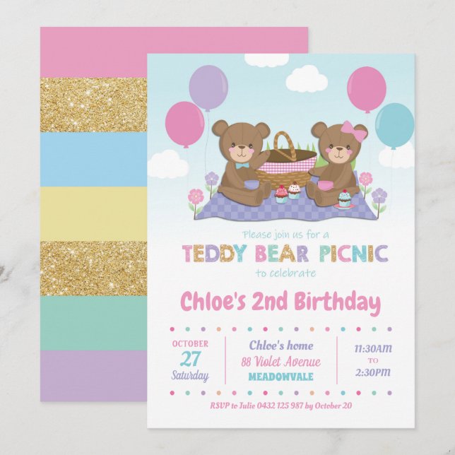 Chica de invitaciones de cumpleaños a un picnic de (Anverso / Reverso)