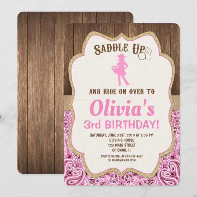 chica de invitaciones de cumpleaños de cowgirl rús (Anverso / Reverso)