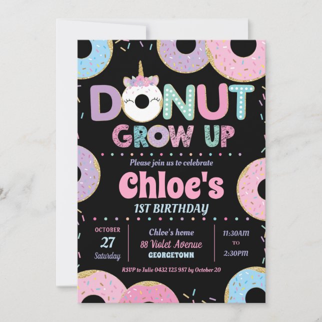Chica de Invitaciones de Cumpleaños de Donut Grow  (Anverso)