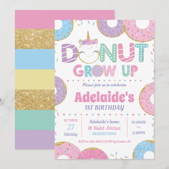 Chica de Invitaciones de Cumpleaños de Donut Grow  (Anverso / Reverso)