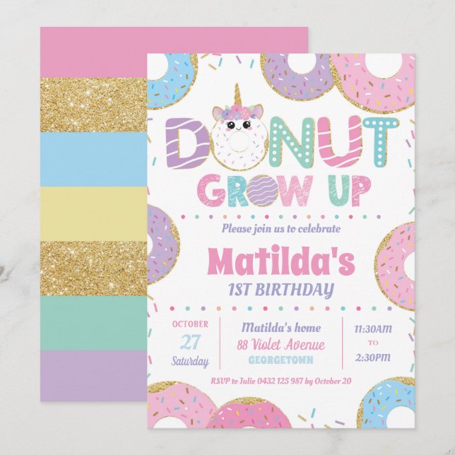 Chica de Invitaciones de Cumpleaños de Donut Grow  (Anverso / Reverso)