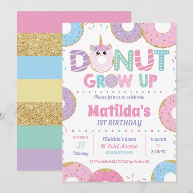 Chica de Invitaciones de Cumpleaños de Donut Grow  (Anverso / Reverso)