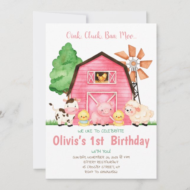Chica de invitaciones de cumpleaños de granja fies (Anverso)
