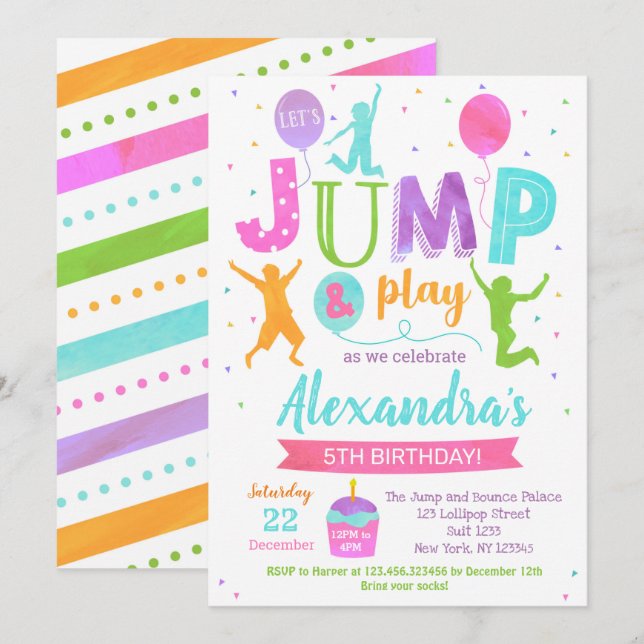 Chica de Invitaciones de Cumpleaños de Jump Trampo (Anverso / Reverso)