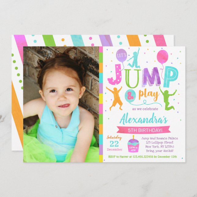 Chica de Invitaciones de Cumpleaños de Jump Trampo (Anverso / Reverso)