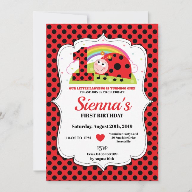 Chica de invitaciones de cumpleaños de Ladybug 1er (Anverso)