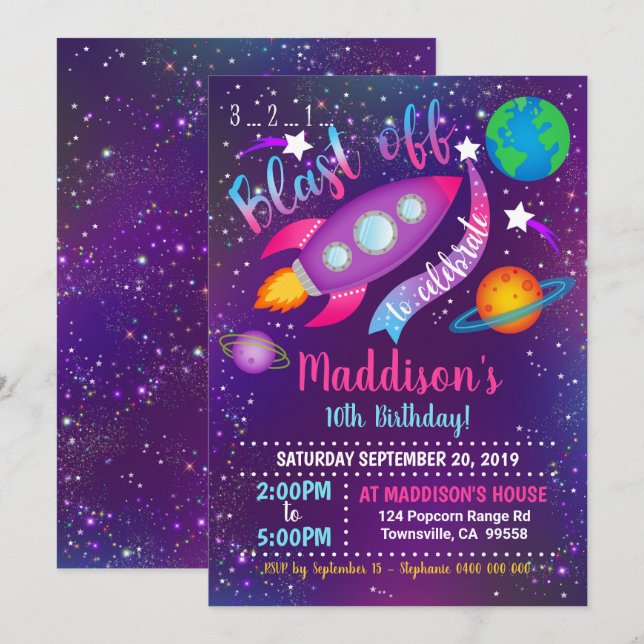 Chica de invitaciones de la fiesta espacial (Anverso / Reverso)