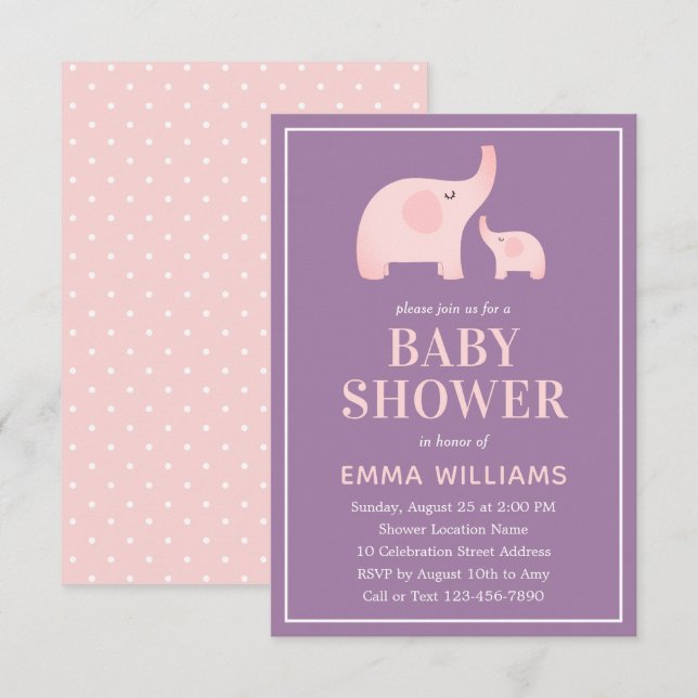 Chica de invitaciones para elefantes Baby Shower - (Anverso / Reverso)