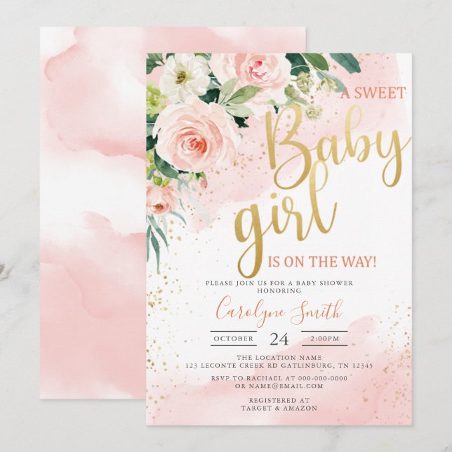 chica de invitaciones Rubor Pink Baby Shower (Anverso / Reverso)