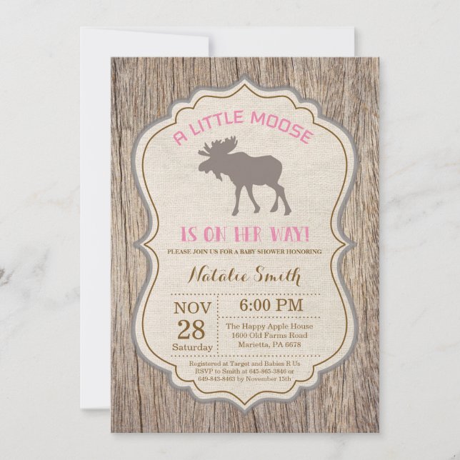 Chica de invitaciones rusticas a Baby Shower Moose (Anverso)
