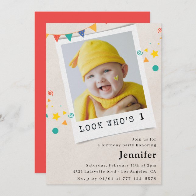 Chica de invitaciones simples de 1º cumpleaños (Anverso / Reverso)