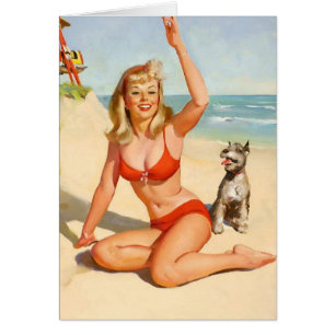 Chica de la época y perro en la playa