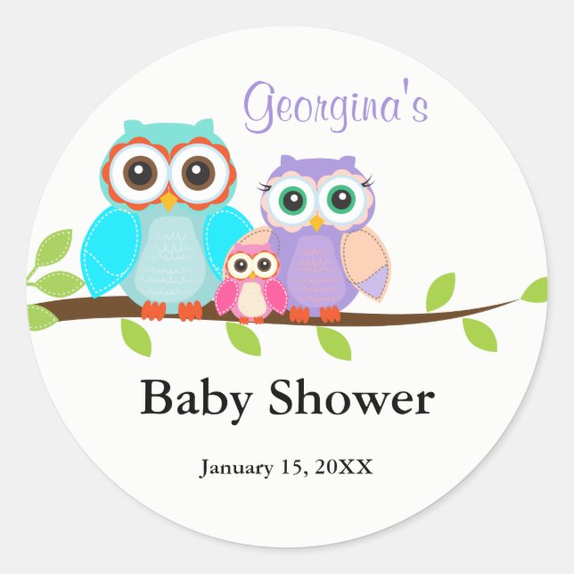 Chica de la familia Cute Owl Pegatina Baby Shower (Anverso)