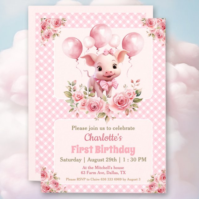 Chica de la granja lechera rosada Cute Invitación  (Cute little piglet in pink 1st Birthday party invitation for a girl)