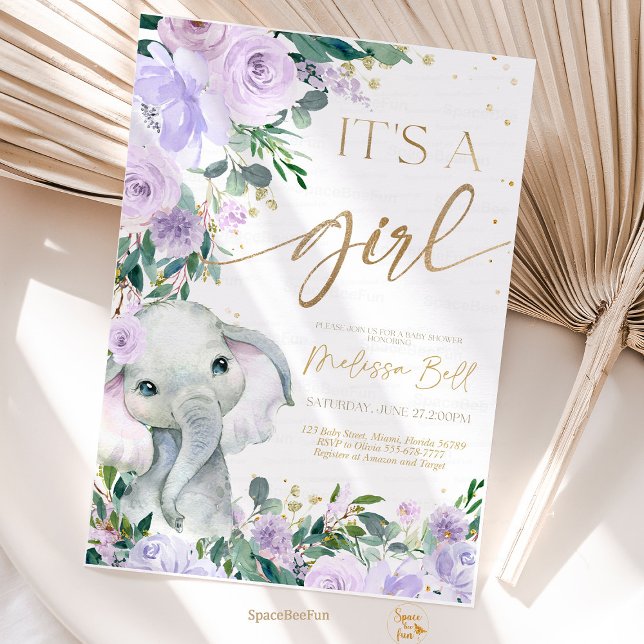 Chica de la invitación a Elephant Baby Shower, Saf (Elephant invites,Baby Shower,Invitation Girl,Safari Purple,Blush Elephant,safari Invite,EDITABLE Saf)