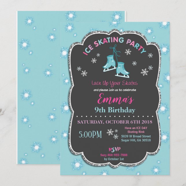 Chica de la invitación del cumpleaños del patinaje (Anverso / Reverso)