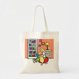 Chica de la lectura con una bolsa de asas amarilla