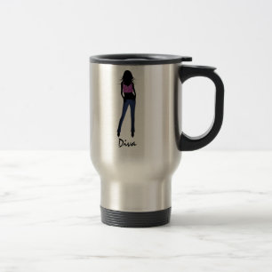 Chica de la moda de la diva en taza del viaje de