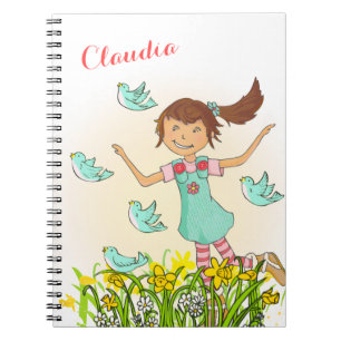 Chica de la primavera que persigue el cuaderno de