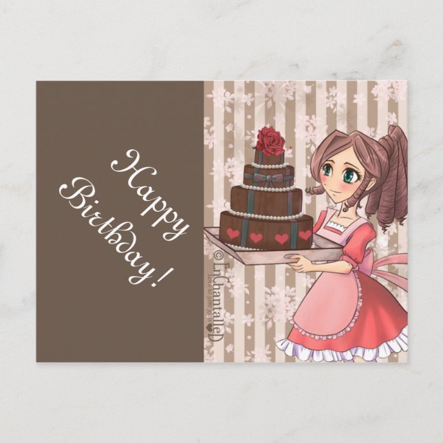 Chica de manga con tarta de chocolate - tarjetas (Anverso)