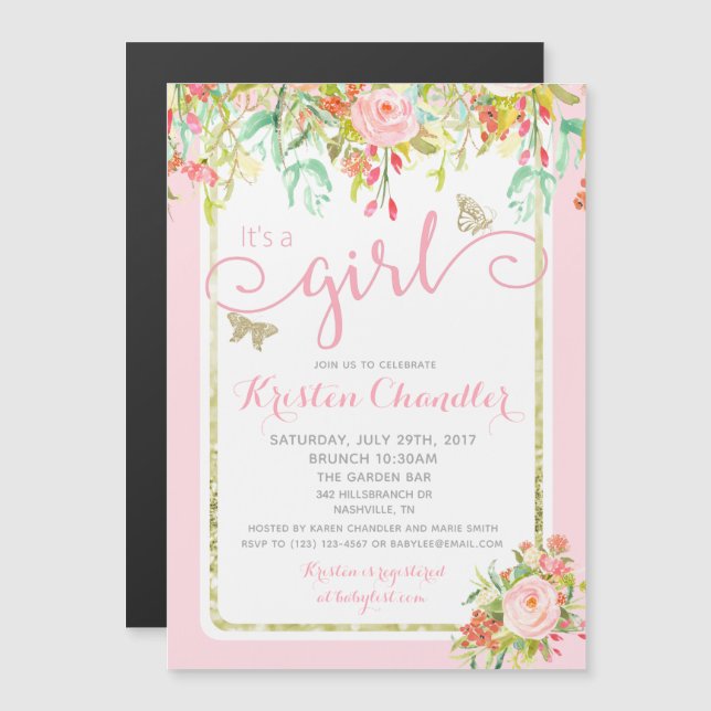 CHICA de mariposa MAGNET Rosa Floral Invitación al (Anverso/Reverso)