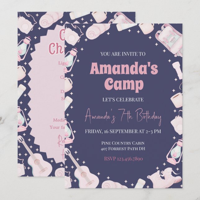 Chica de mochila de acampada Invitación de cumplea (Anverso / Reverso)