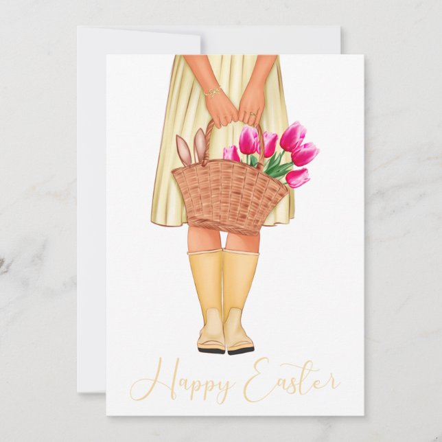 Chica de moda de tulipanes amarillos Feliz Pascua (Anverso)