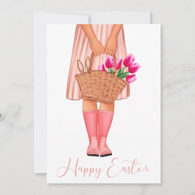Chica de moda de tulipanes rosados Feliz Pascua (Anverso)
