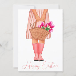 Chica de moda de tulipanes rosados Feliz Pascua