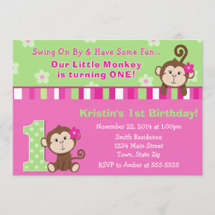 Chica de mono 1ª Invitación de cumpleaños 5x7 Tarj