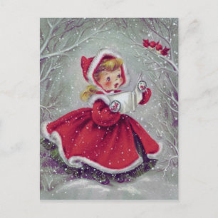 chica de Navidad de los años 50 en nieve con pájar