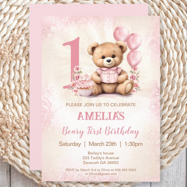 Chica de Oso Rosa Teddy Invitación de cumpleaños 1 (Pink Teddy Bear Girl 1st Birthday Invitation)