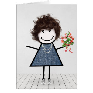 Chica de palo de cumpleaños con ramo de flores